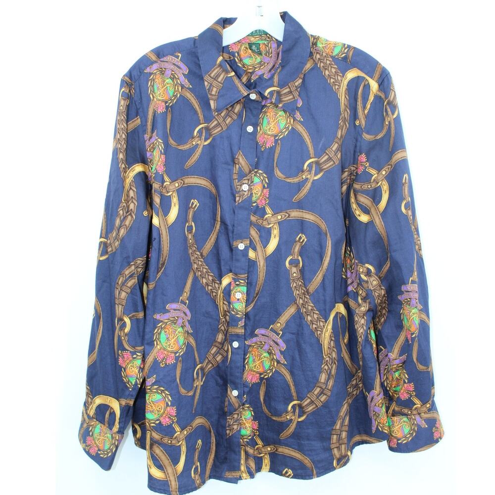 Vintage Lauren Ralph Lauren Equestrian Print Button Down Blouse Size 2X